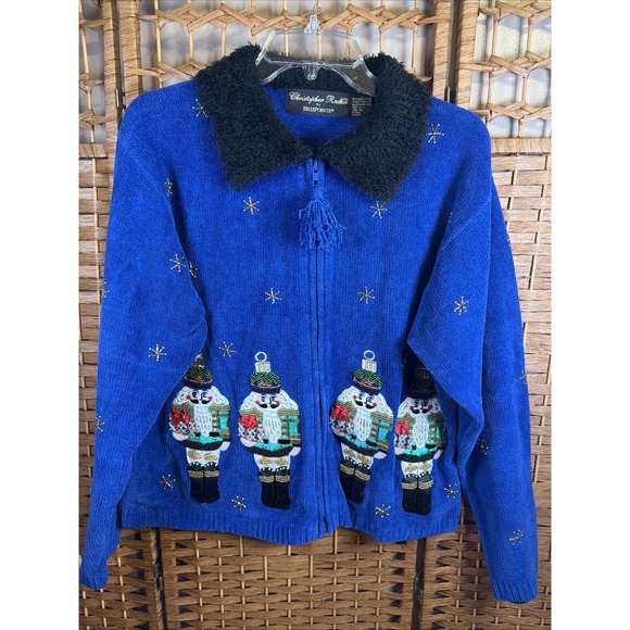 Christopher Radko Sweaters - VTG Christopher Radko Christmas Zip Up Cardigan XL Beaded Nutcracker Blue
